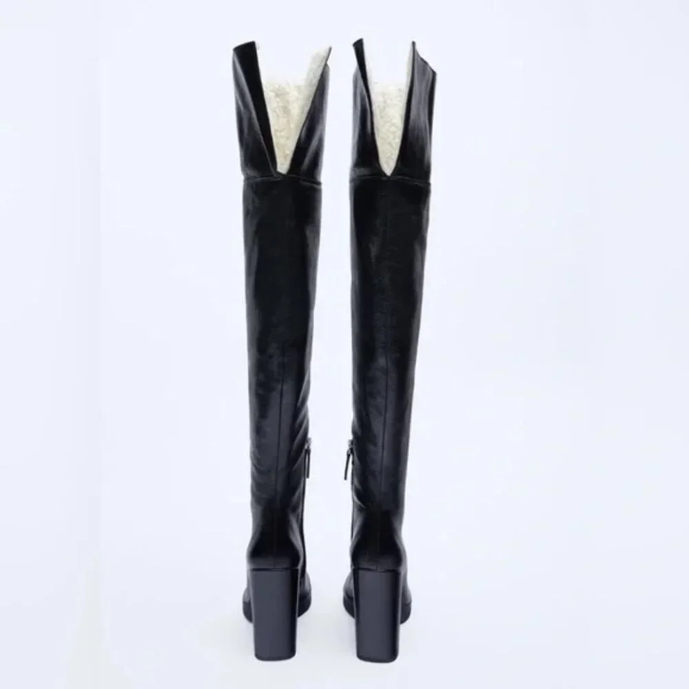 Zara Over The Knee Leather Boots with Faux Shearling Lining